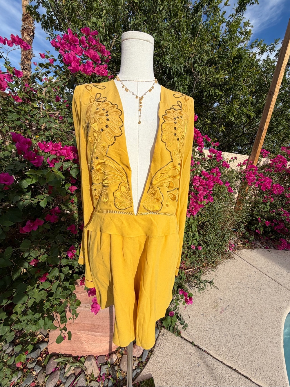 Vintage Nasty Gal Embroidered V-Neck Mustard Jumpsuit